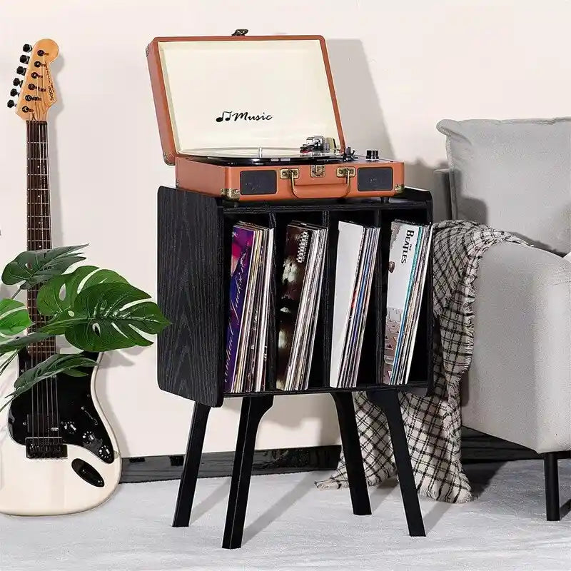 Tocadiscos con 4 compartimentos de 16.5"L × 11.7"W × 26.1"H en nogal, negro, marrón, natural o blanco