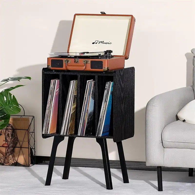 Tocadiscos con 4 compartimentos de 16.5"L × 11.7"W × 26.1"H en nogal, negro, marrón, natural o blanco