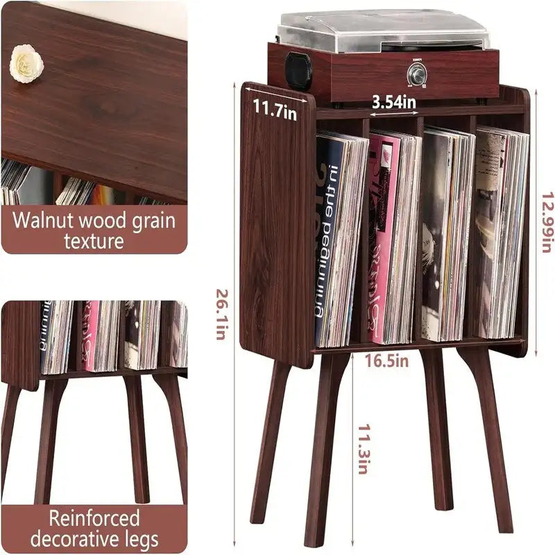 Tocadiscos con 4 compartimentos de 16.5"L × 11.7"W × 26.1"H en nogal, negro, marrón, natural o blanco