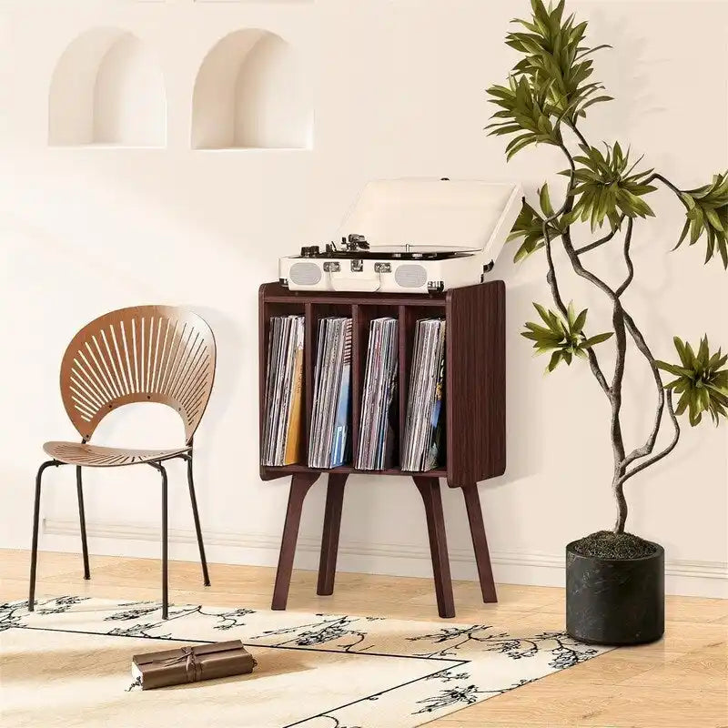 Tocadiscos con 4 compartimentos de 16.5"L × 11.7"W × 26.1"H en nogal, negro, marrón, natural o blanco