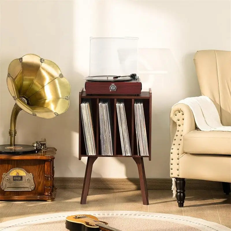 Tocadiscos con 4 compartimentos de 16.5"L × 11.7"W × 26.1"H en nogal, negro, marrón, natural o blanco
