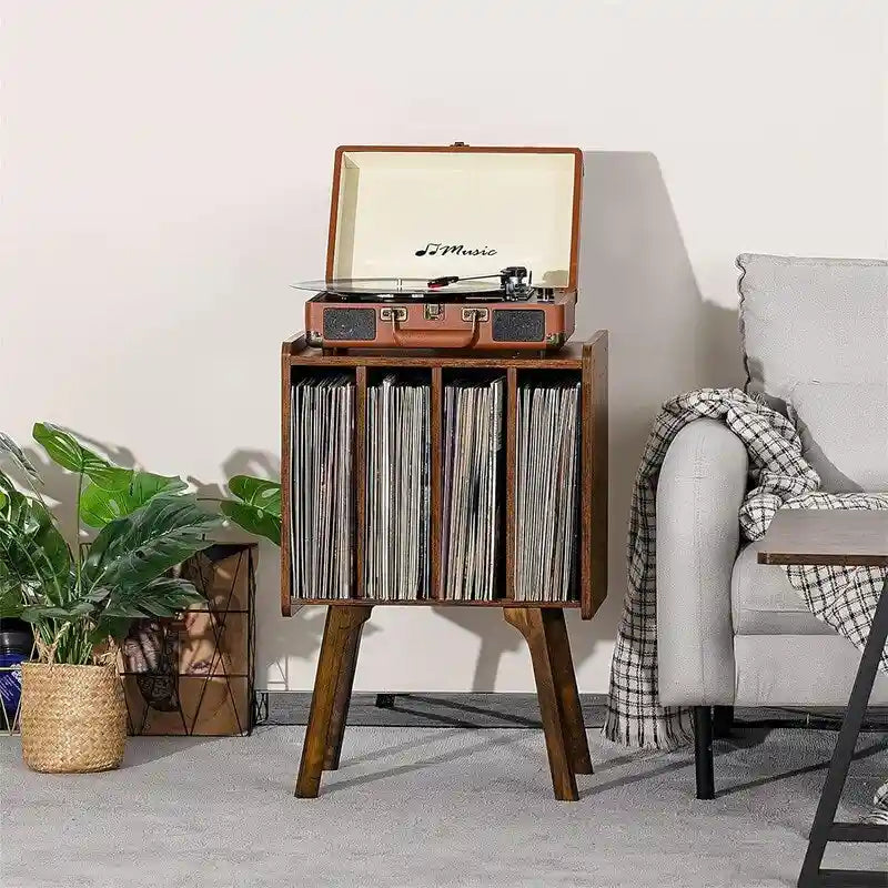 Tocadiscos con 4 compartimentos de 16.5"L × 11.7"W × 26.1"H en nogal, negro, marrón, natural o blanco
