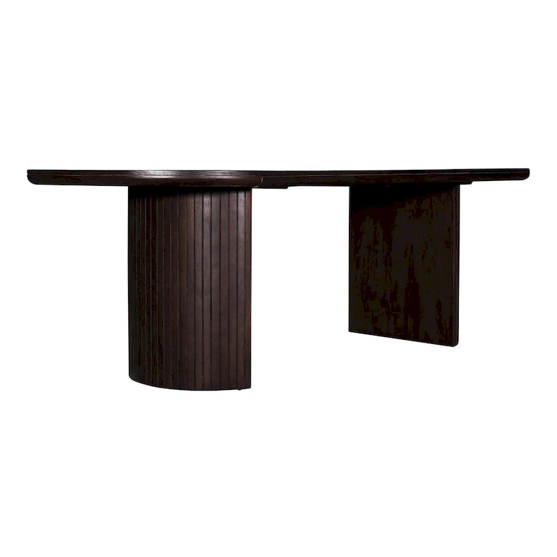 Mesa de comedor ovalada de doble pedestal en marrón, con capacidad para 8-10 personas