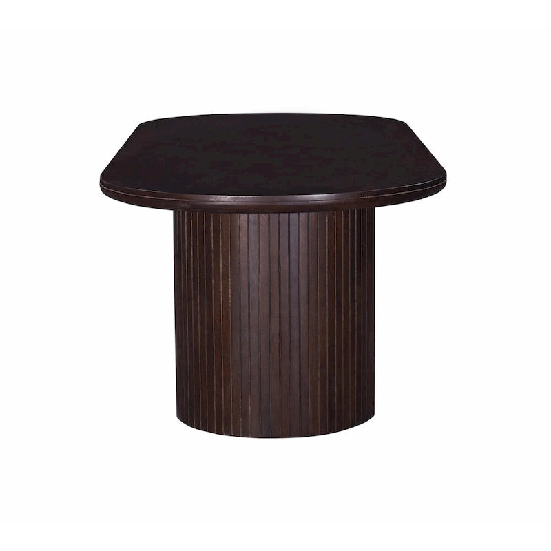 Mesa de comedor ovalada de doble pedestal en marrón, con capacidad para 8-10 personas