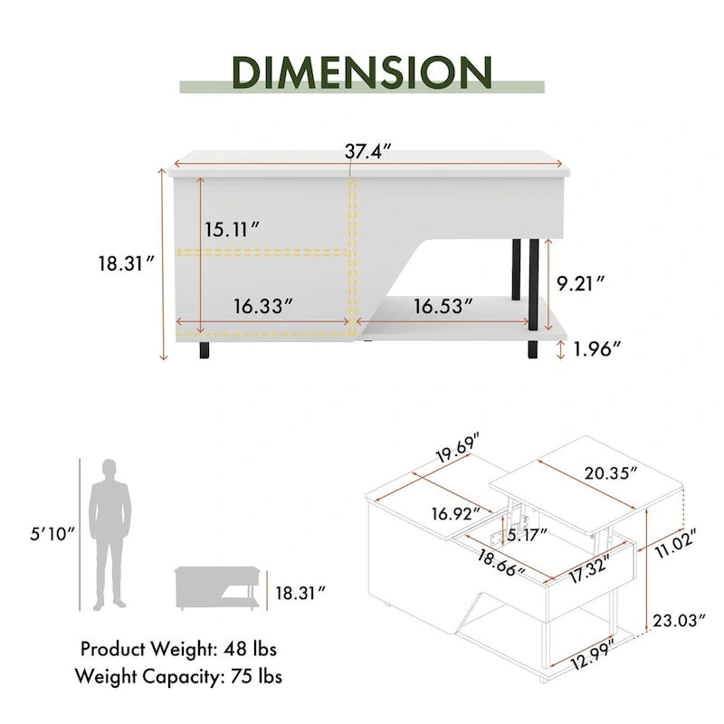 Mesa de centro negra elevable con luz LED RGB, para 1 persona