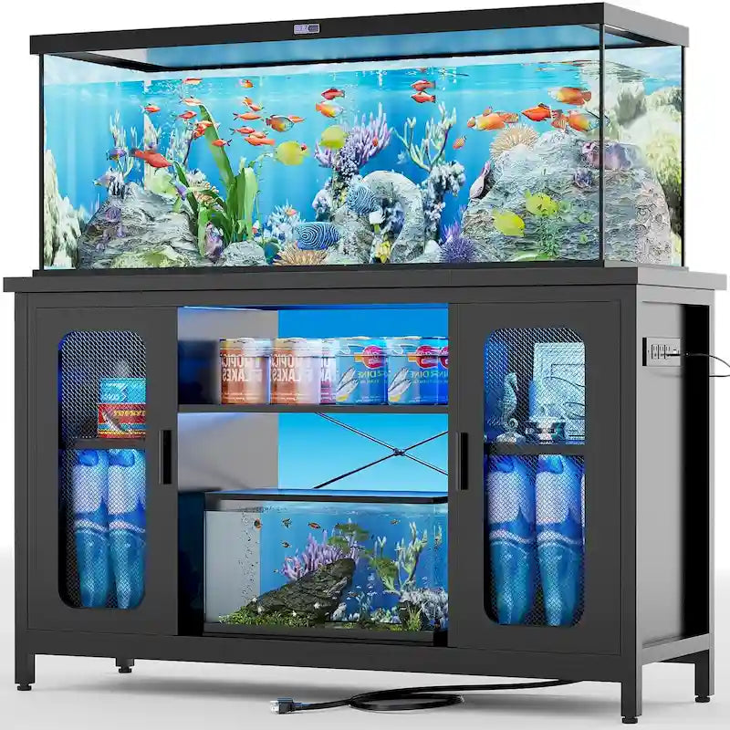 Soporte para pecera de roble negro/gris con luz LED y enchufes – Requiere montaje entre 2 personas
